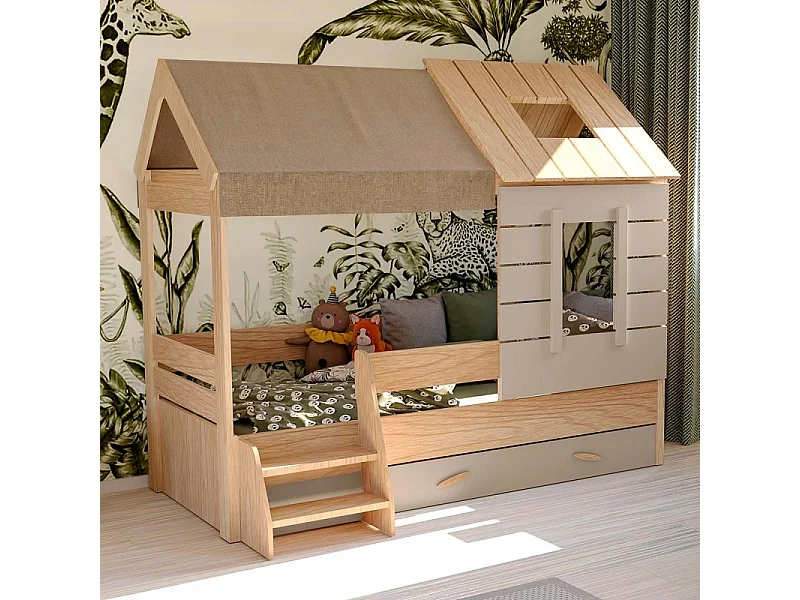 Bett Häuschen + Schublade grau 90x200cm