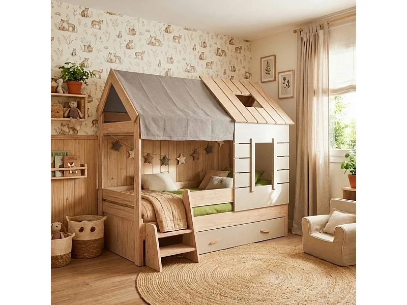 Letto a casetta bambini + cassetto truciolato grigio 90x200cm