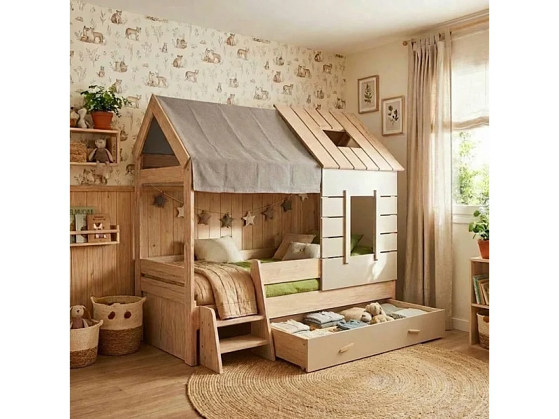 Letto a casetta bambini + cassetto truciolato grigio 90x200cm