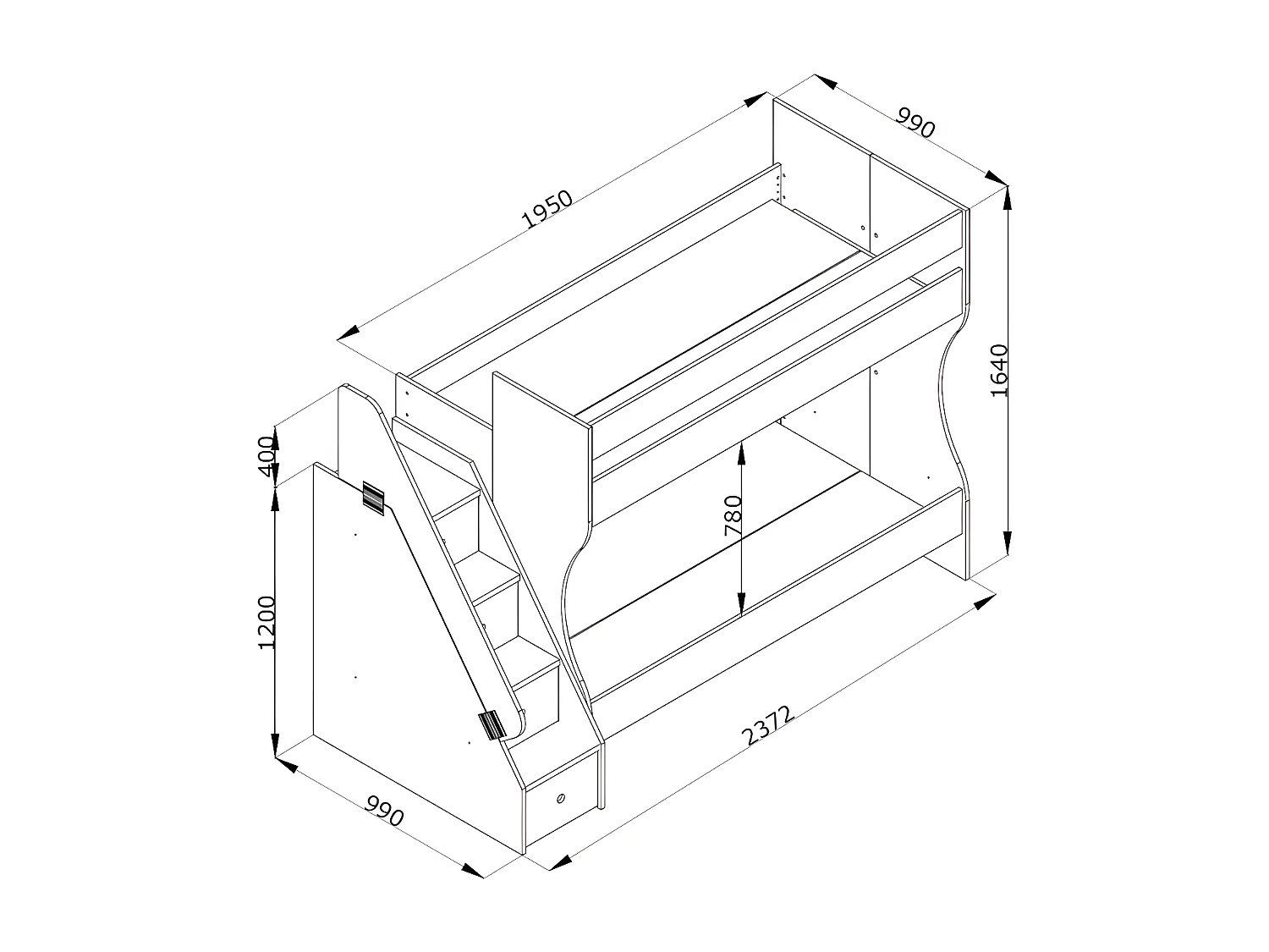 Etagenbett + Schublade weißer 90x190/90x190cm