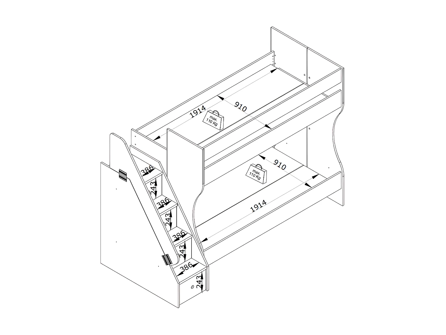 Etagenbett + Schublade weißer 90x190/90x190cm
