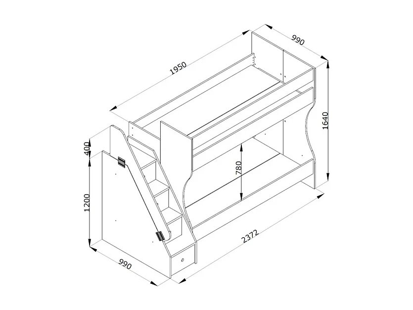 Stapelbed + opberglade spaanplaat wit 90x190/90x190cm