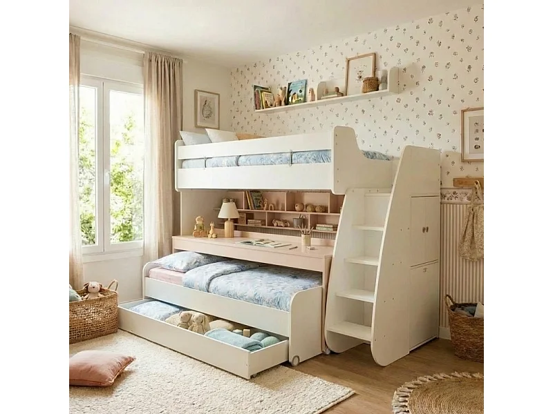 Lit superposé avec bureau avec tiroir  blanc 183x252x108cm