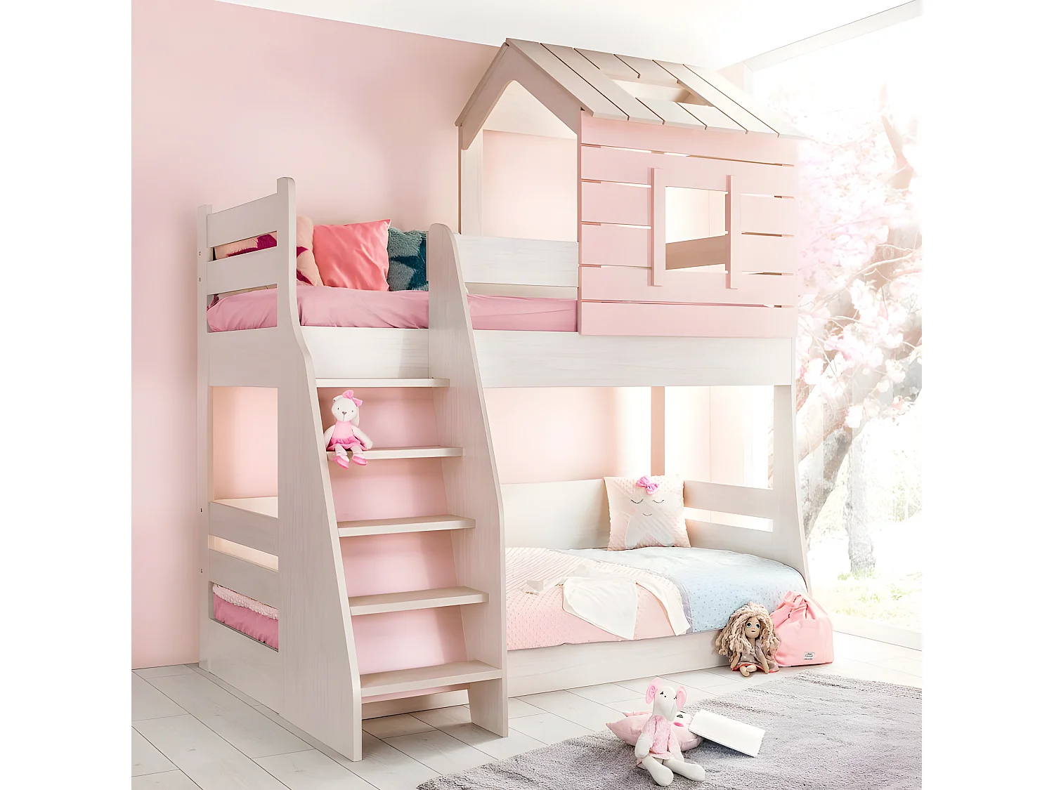 Etagebett Häuschen Treppe links rosa 90/100x200cm