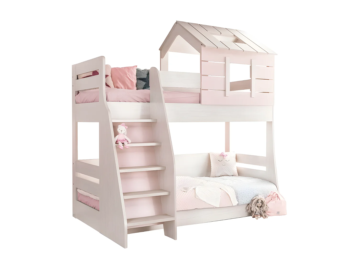 Etagebett Häuschen Treppe links rosa 90/100x200cm