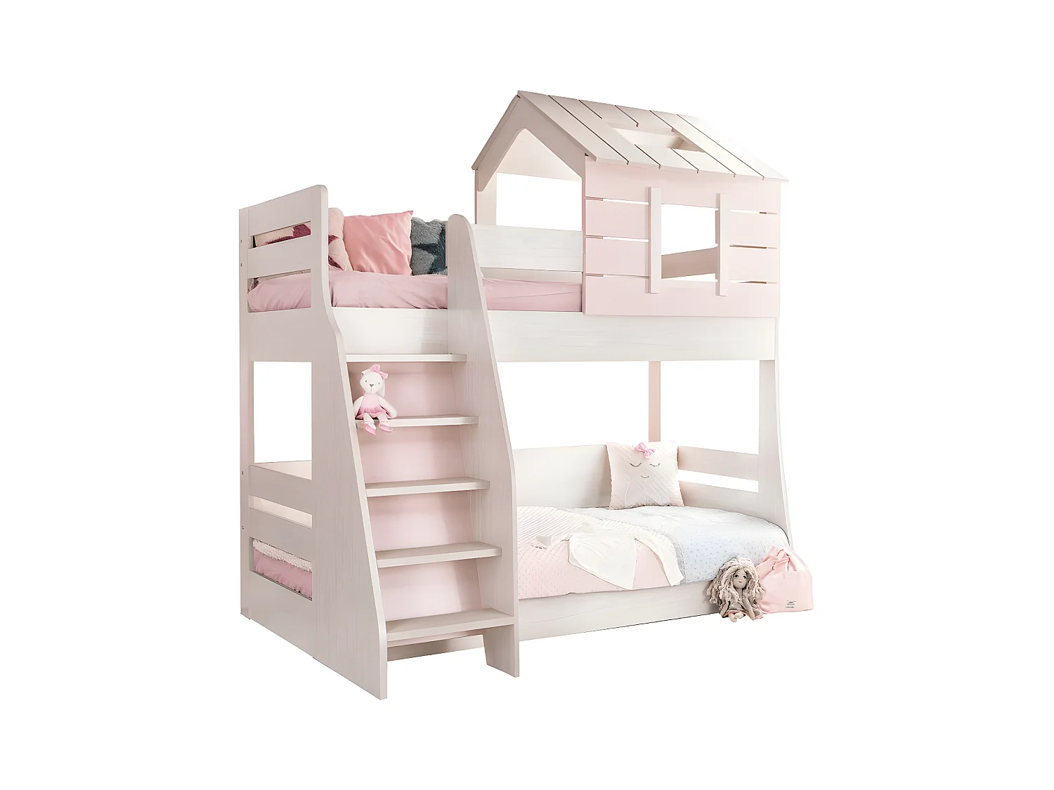 Lit superposé petite maison escalier gauche aggloméré rose 90/100x200cm