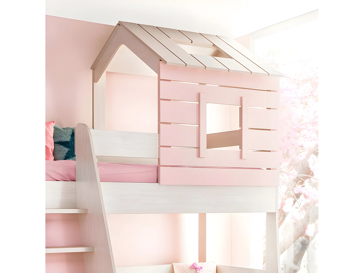 Etagebett Häuschen Treppe links rosa 90/100x200cm