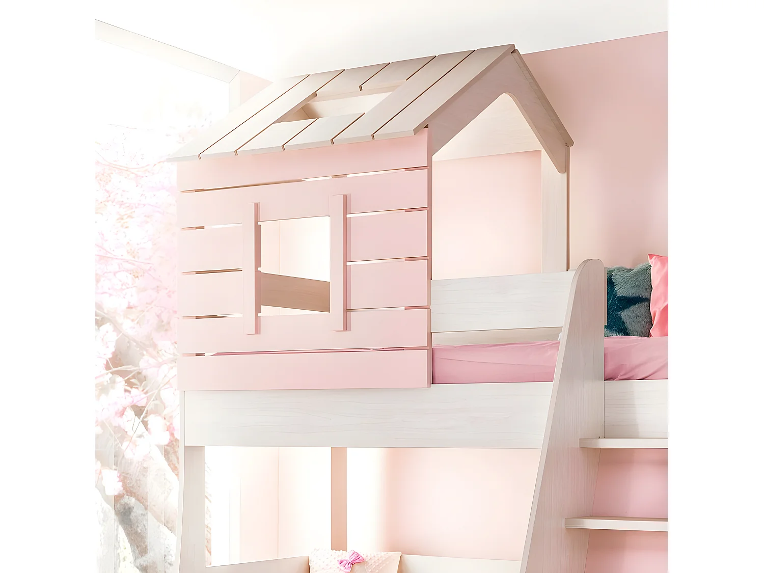 Etagebett Häuschen Treppe links rosa 90/100x200cm