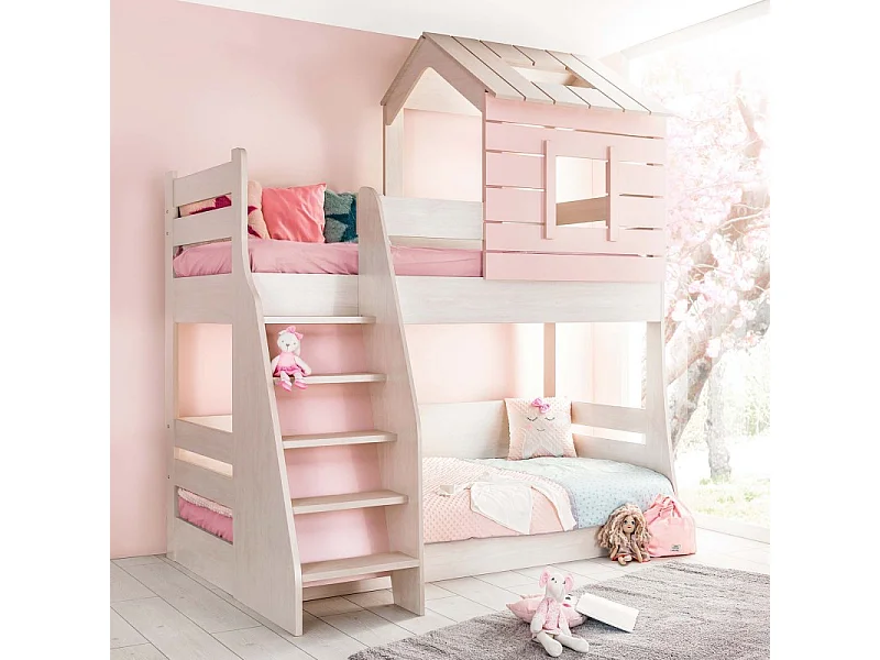 Lit superposé petite maison escalier gauche rose 90/100x200cm