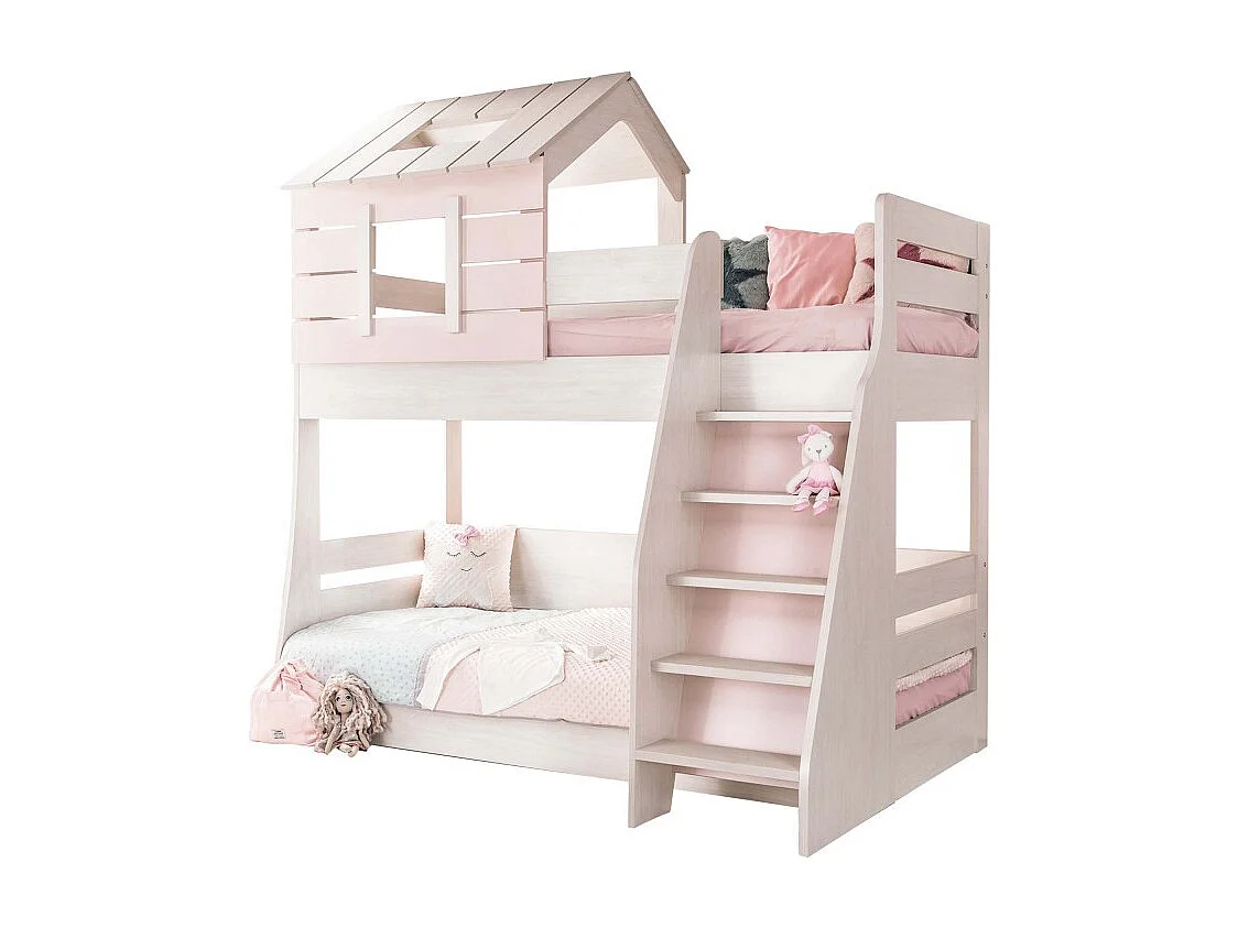 Lit superposé petite maison escalier gauche rose 90/100x200cm