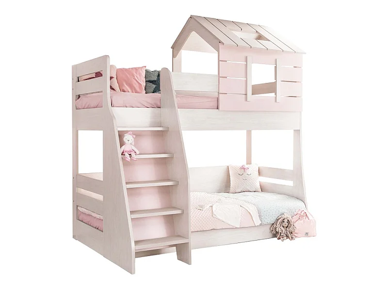 Etagebett Häuschen mit Treppe links rosa 90/100x200cm