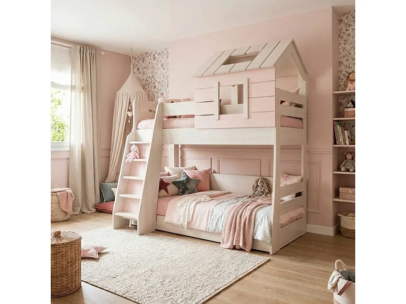 Etagebett Häuschen mit Treppe links rosa 90/100x200cm
