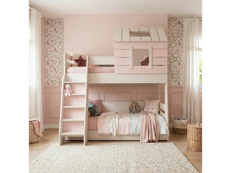 Etagebett Häuschen mit Treppe links rosa 90/100x200cm