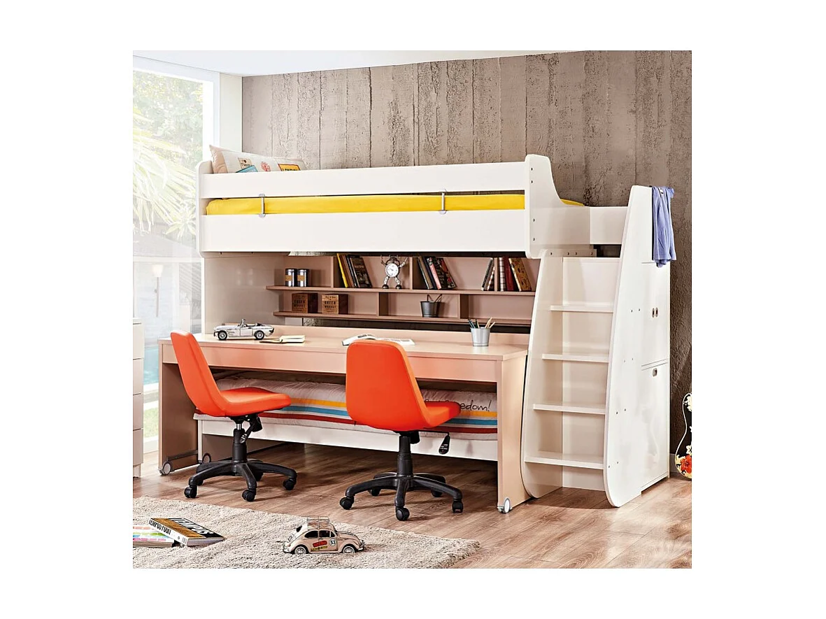 Lit superposé avec bureau en  blanc 183x252x108cm