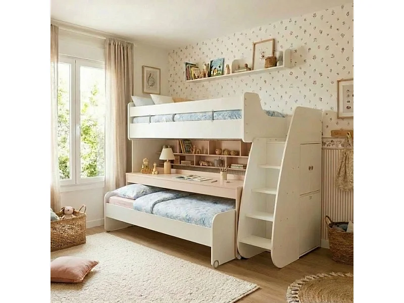 Lit superposé avec bureau en  blanc 183x252x108cm