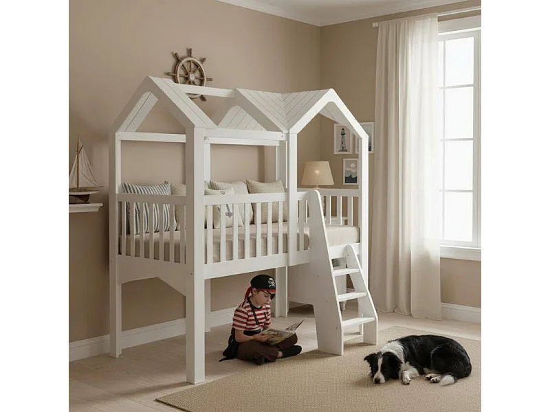 Lit haut en bois blanc 224x210x111cm