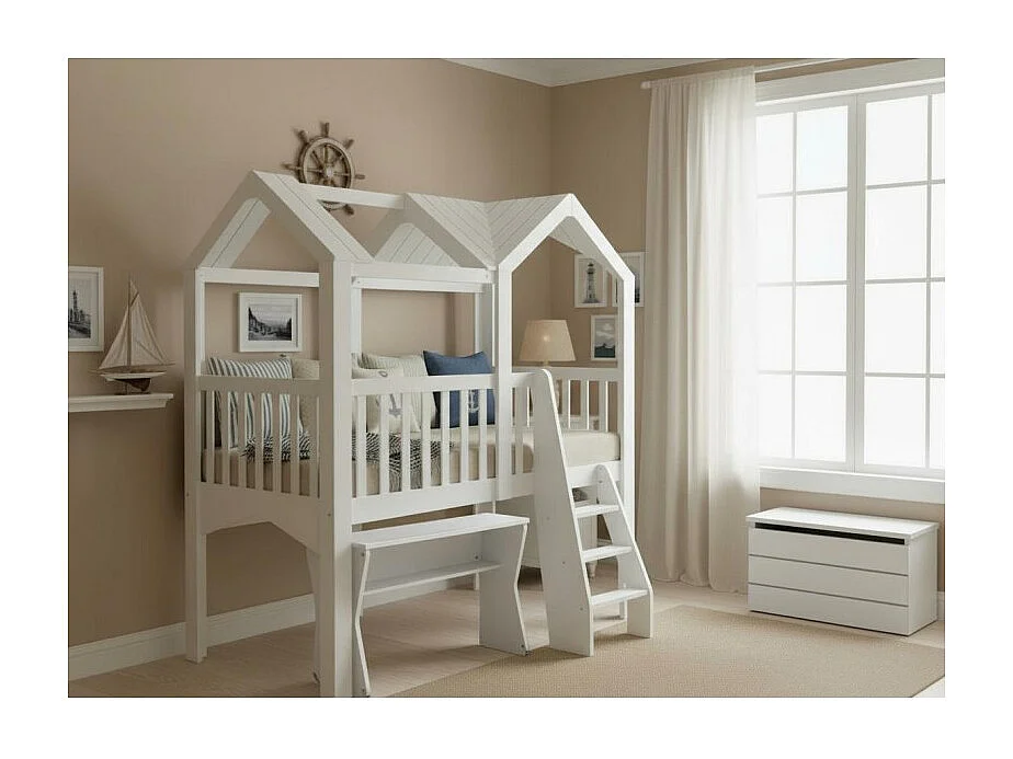 Lit haut en bois blanc 224x210x111cm