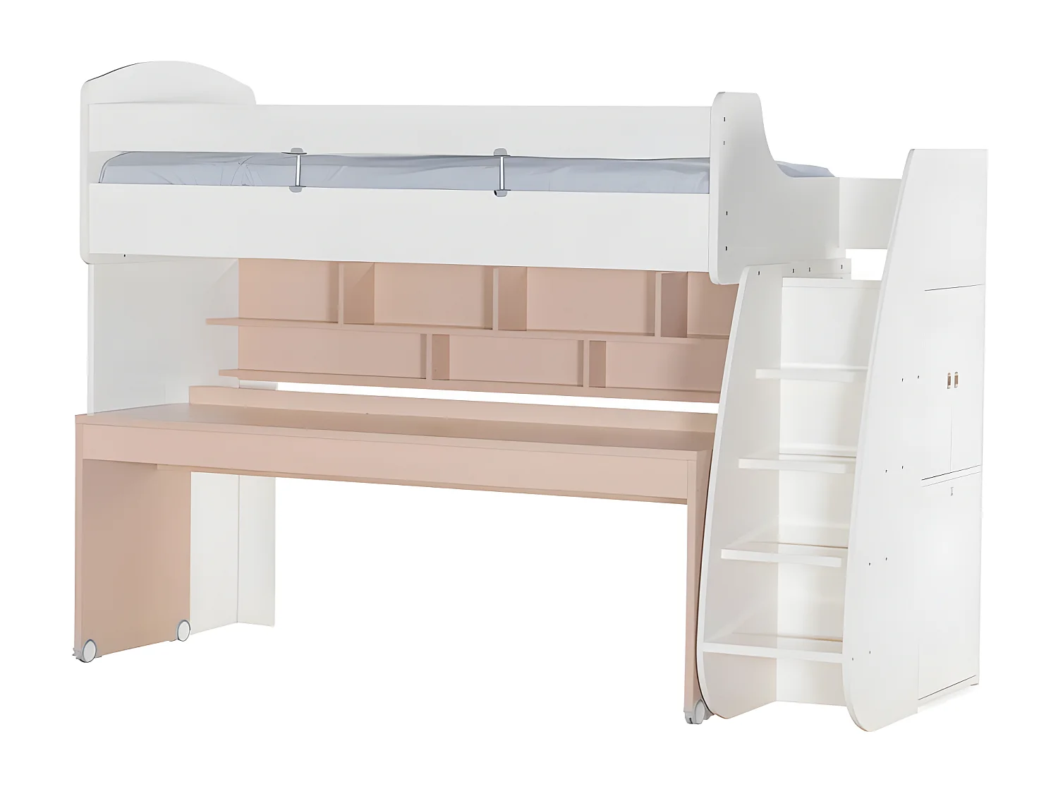 Lit haut + bureau en aggloméré blanc 182,7x252x107,8cm