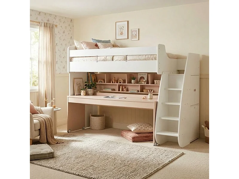 Cama alta + escritorio aglomerado bianco 182,7x252x107,8cm