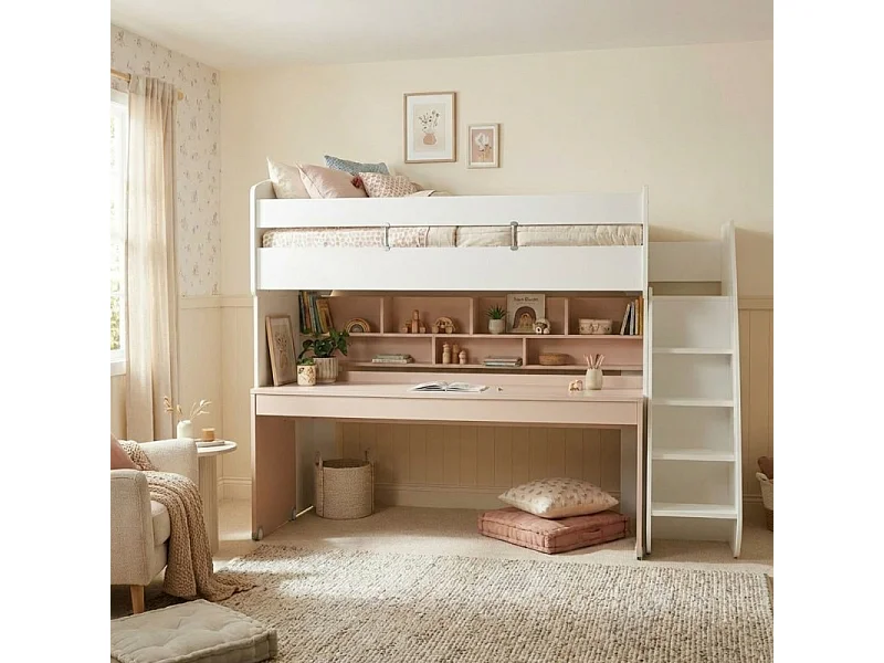Cama alta + escritorio aglomerado bianco 182,7x252x107,8cm