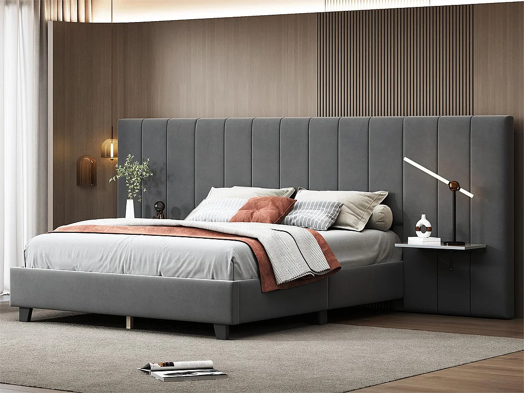 Lit rembourré 160 x 200 cm - avec tête de lit et dossier allongés - étagères des deux côtés de la tête de lit - tissu en velours - Gris