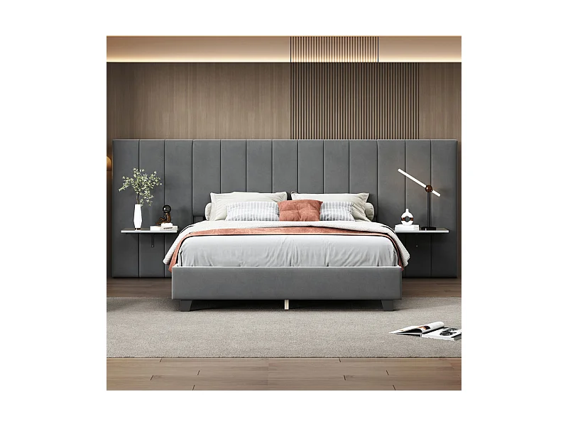 Lit rembourré 160 x 200 cm - avec tête de lit et dossier allongés - étagères des deux côtés de la tête de lit - tissu en velours - Gris