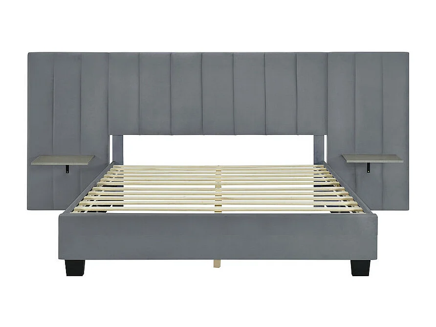 Lit rembourré 160 x 200 cm - avec tête de lit et dossier allongés - étagères des deux côtés de la tête de lit - tissu en velours - Gris