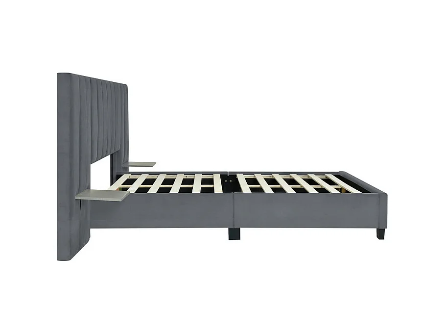 Lit rembourré 160 x 200 cm - avec tête de lit et dossier allongés - étagères des deux côtés de la tête de lit - tissu en velours - Gris