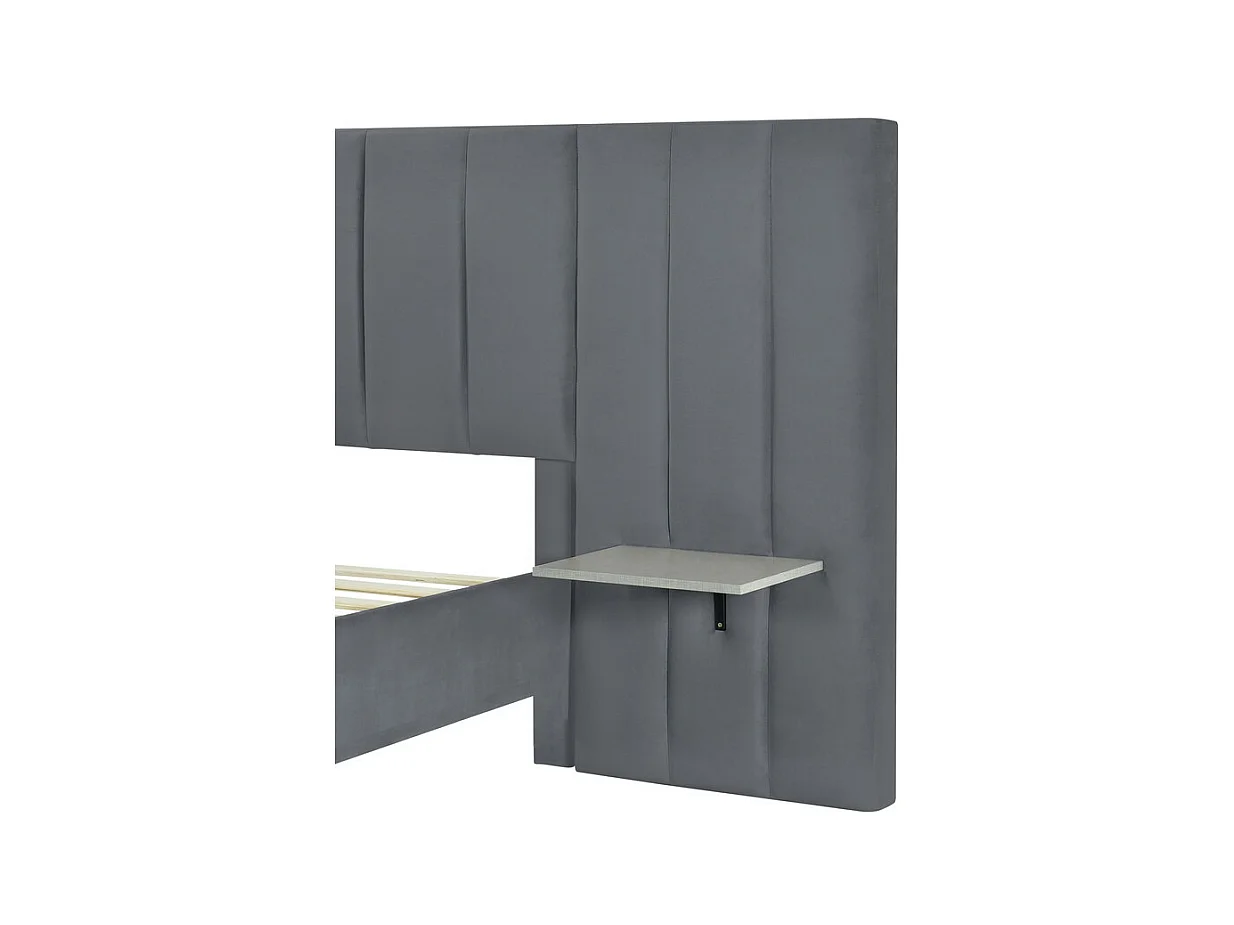 Lit rembourré 160 x 200 cm - avec tête de lit et dossier allongés - étagères des deux côtés de la tête de lit - tissu en velours - Gris