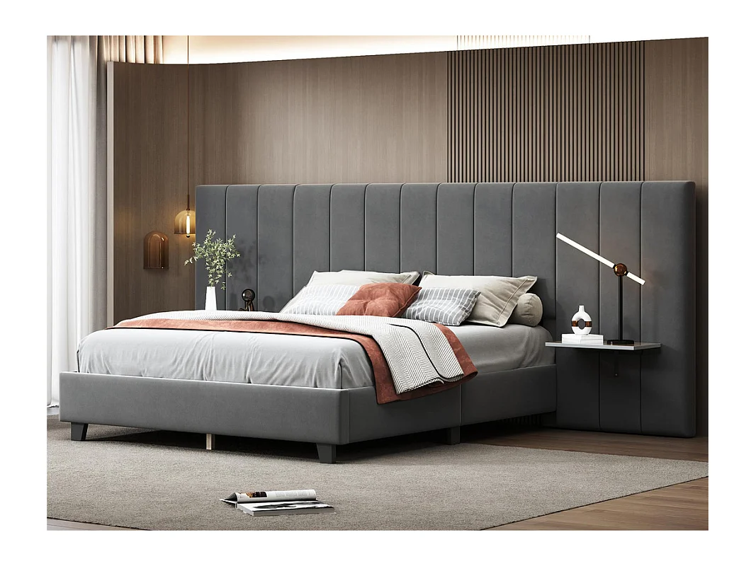 Lit rembourré 160 x 200 cm - avec tête de lit et dossier allongés - étagères des deux côtés de la tête de lit - tissu en velours - Gris
