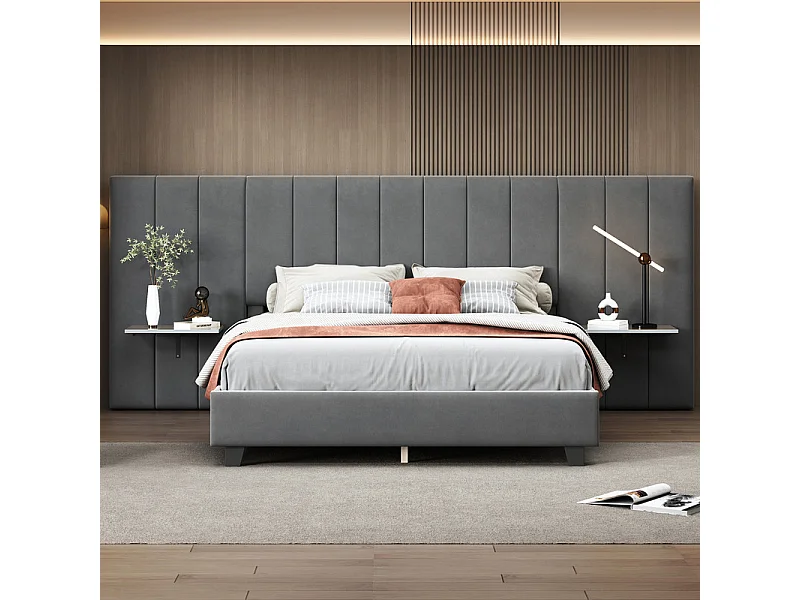 Gestoffeerd bed 160 x 200 cm - met verlengd hoofdbord en rugleuning - planken aan weerszijden van het hoofdbord - fluwelen stof - Grijs