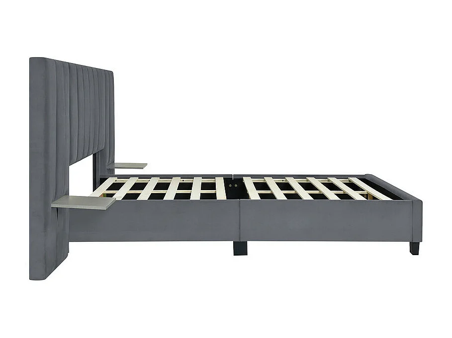 Gestoffeerd bed 160 x 200 cm - met verlengd hoofdbord en rugleuning - planken aan weerszijden van het hoofdbord - fluwelen stof - Grijs