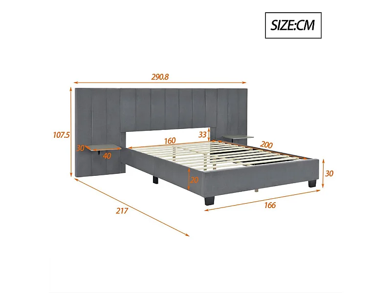 Gestoffeerd bed 160 x 200 cm - met verlengd hoofdbord en rugleuning - planken aan weerszijden van het hoofdbord - fluwelen stof - Grijs