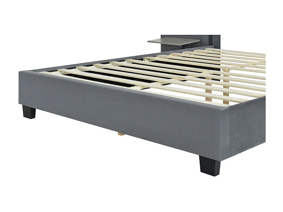 Gestoffeerd bed 160 x 200 cm - met verlengd hoofdbord en rugleuning - planken aan weerszijden van het hoofdbord - fluwelen stof - Grijs