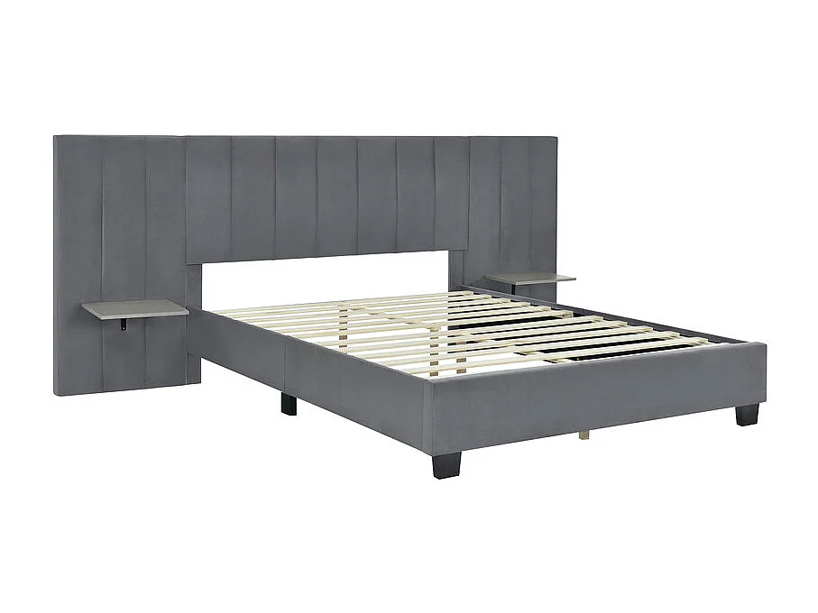 Gestoffeerd bed 160 x 200 cm - met verlengd hoofdbord en rugleuning - planken aan weerszijden van het hoofdbord - fluwelen stof - Grijs