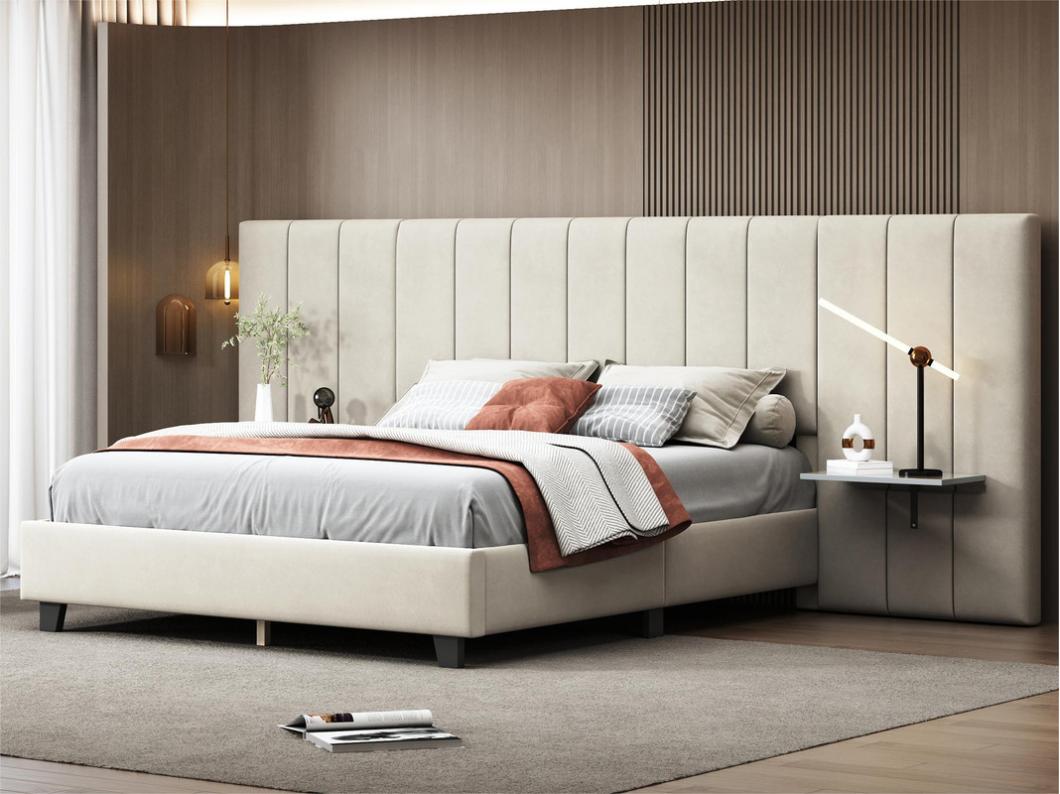 Letto imbottito 160 x 200 cm - con testiera e schienale allungati - ripiani su entrambi i lati della testiera - tessuto in velluto - Beige