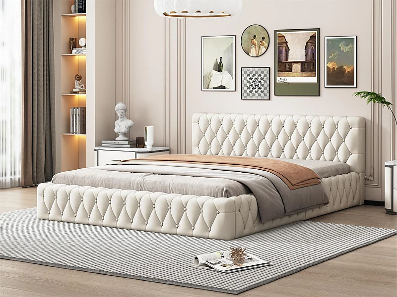 Gepolstertes Doppelbett 140 x 200 cm – Samtstoff – Beige