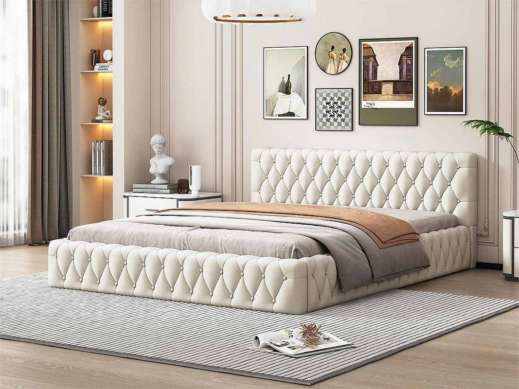 Gepolstertes Doppelbett 140 x 200 cm – Samtstoff – Beige