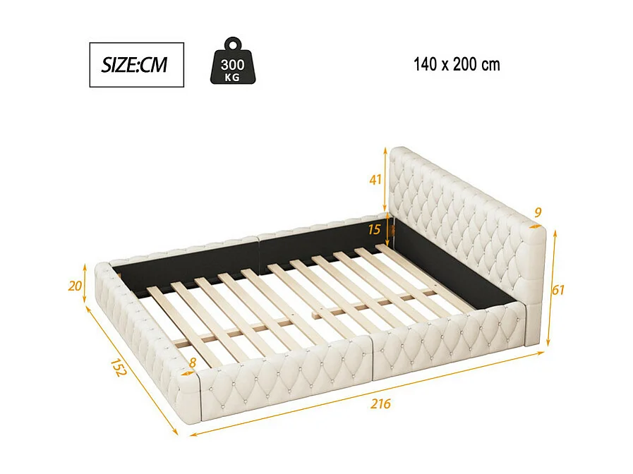 Gepolstertes Doppelbett 140 x 200 cm – Samtstoff – Beige