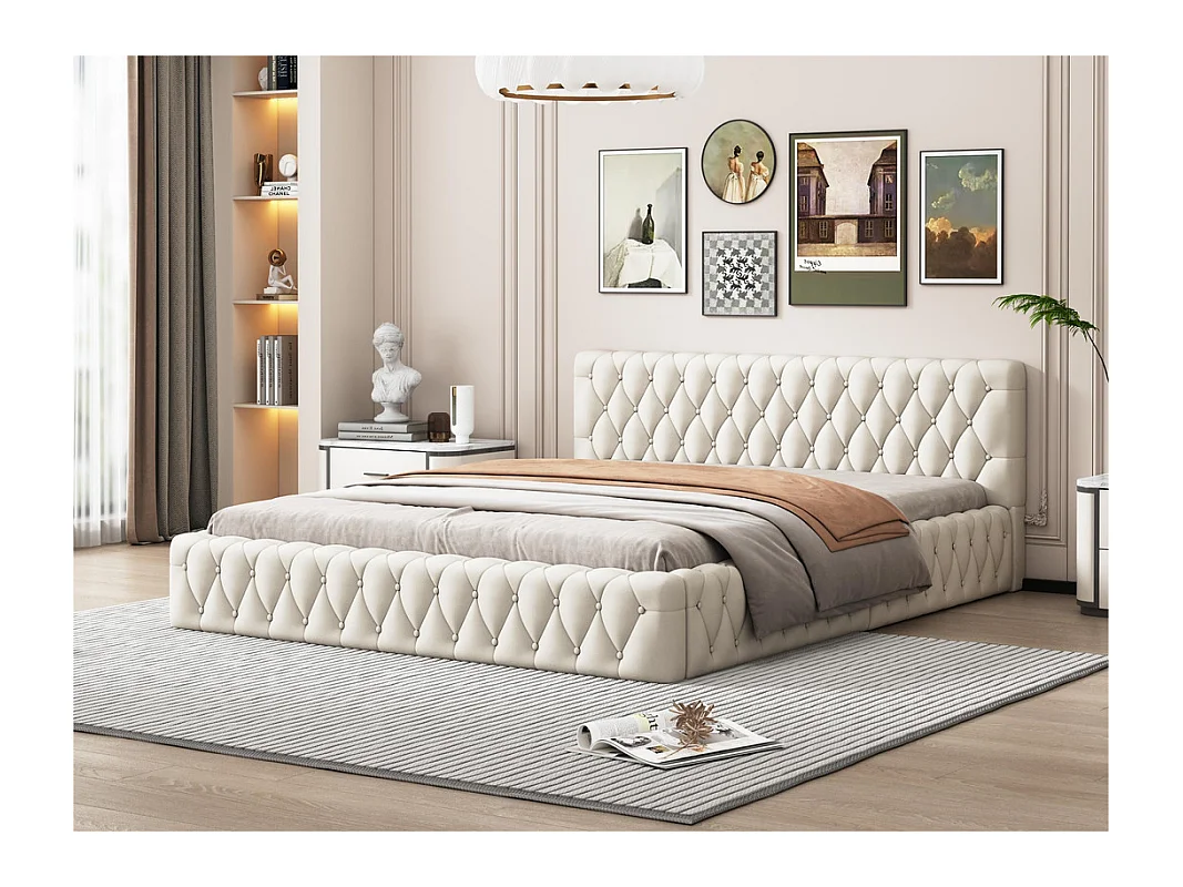 Gestoffeerd tweepersoonsbed 140x200cm - fluwelen stof - Beige