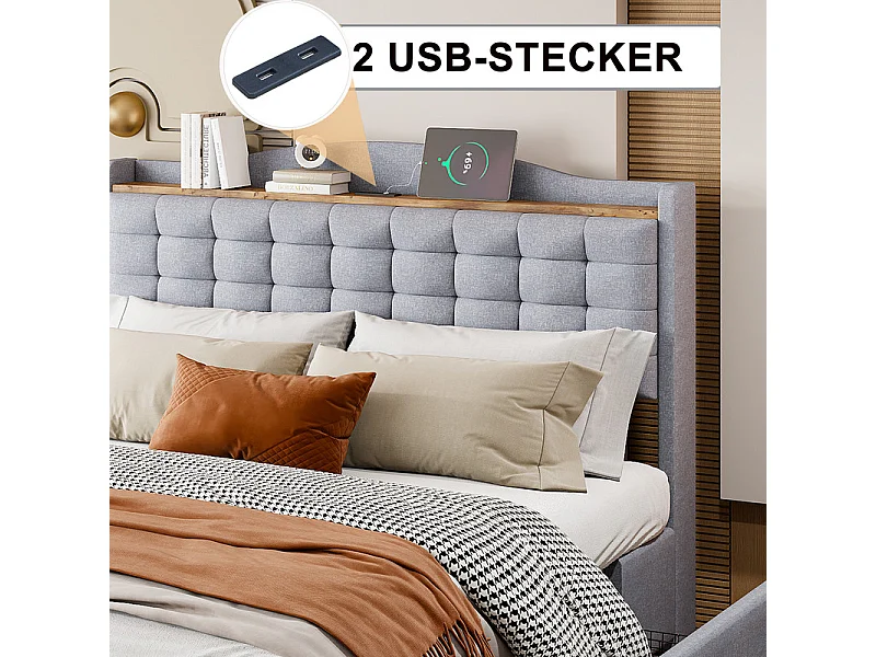 Erwachsenenbett 140 x 200 cm aus Leinen – mit USB-Anschluss und 4 Schubladen – Lattenrost – Hellgrau