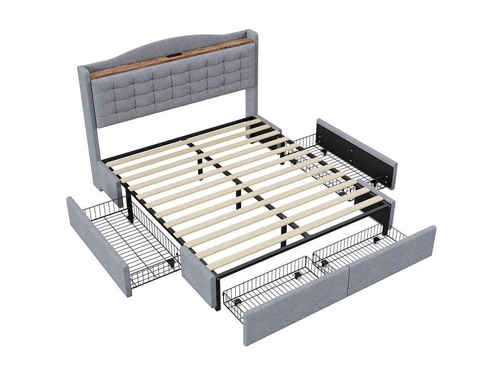 Erwachsenenbett 140 x 200 cm aus Leinen – mit USB-Anschluss und 4 Schubladen – Lattenrost – Hellgrau