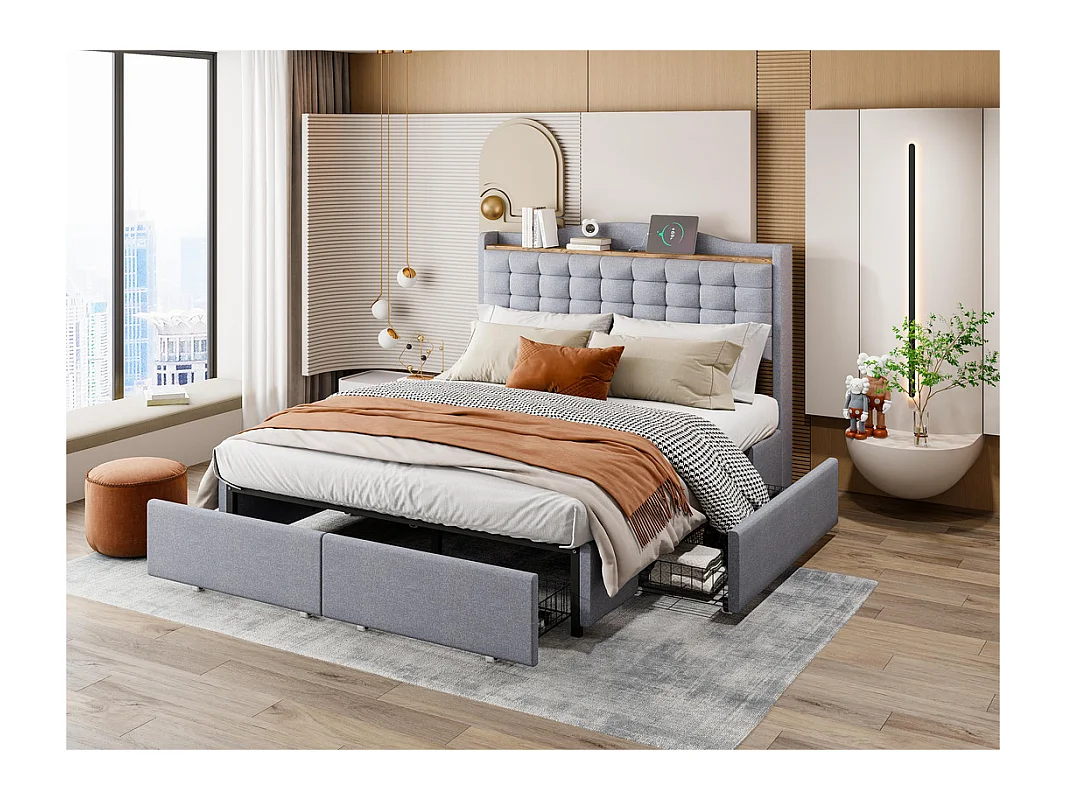 Lit double capitonné 140x200 cm - avec prise USB et 4 tiroirs - tissu en lin - Gris