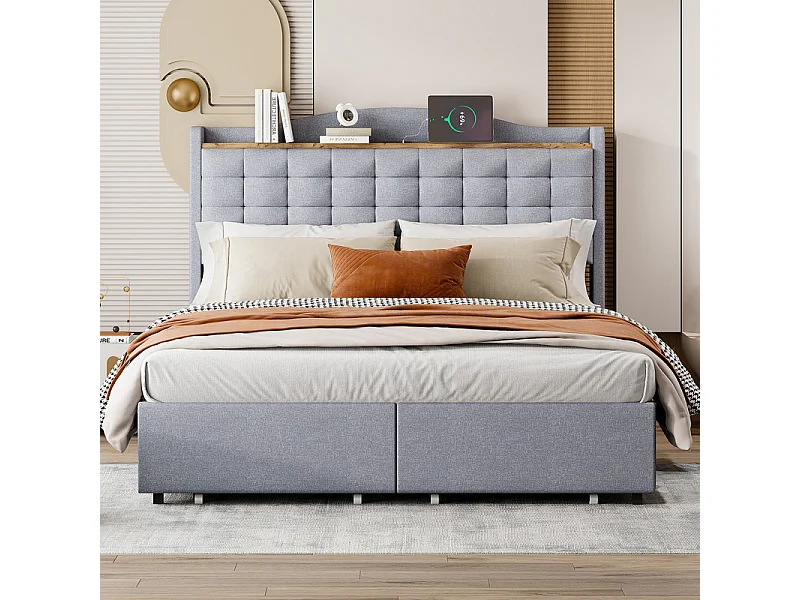 Lit double capitonné 140x200 cm - avec prise USB et 4 tiroirs - tissu en lin - Gris