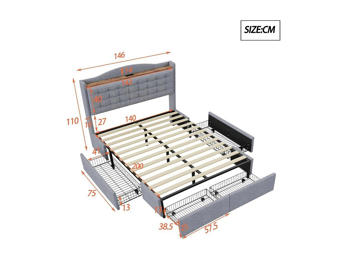 Lit double capitonné 140x200 cm - avec prise USB et 4 tiroirs - tissu en lin - Gris