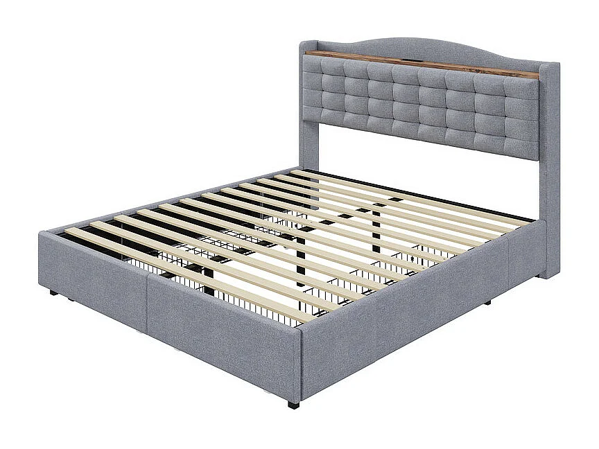 Lit double capitonné 140x200 cm - avec prise USB et 4 tiroirs - tissu en lin - Gris