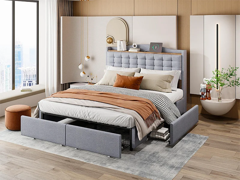 Lit double capitonné 140x200 cm - avec prise USB et 4 tiroirs - tissu en lin - Gris