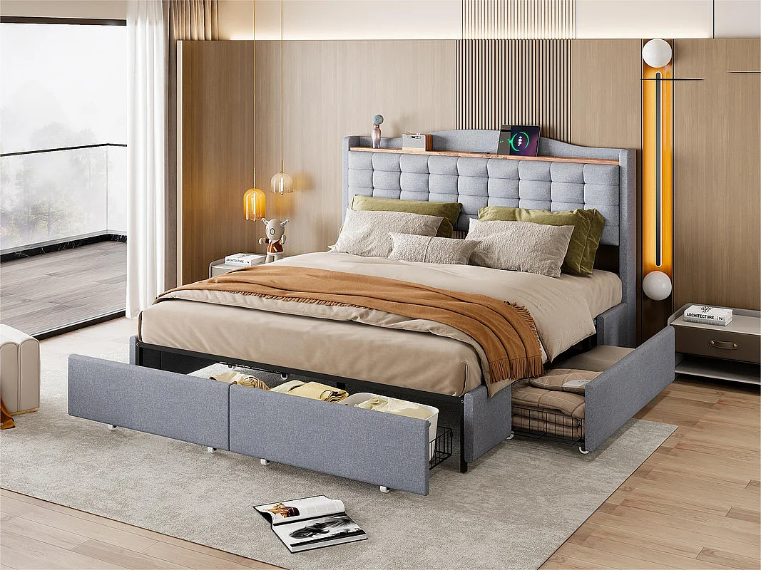 Cama de adulto de lino 160x200 cm - con toma USB y 4 cajones - somier de láminas - Gris claro