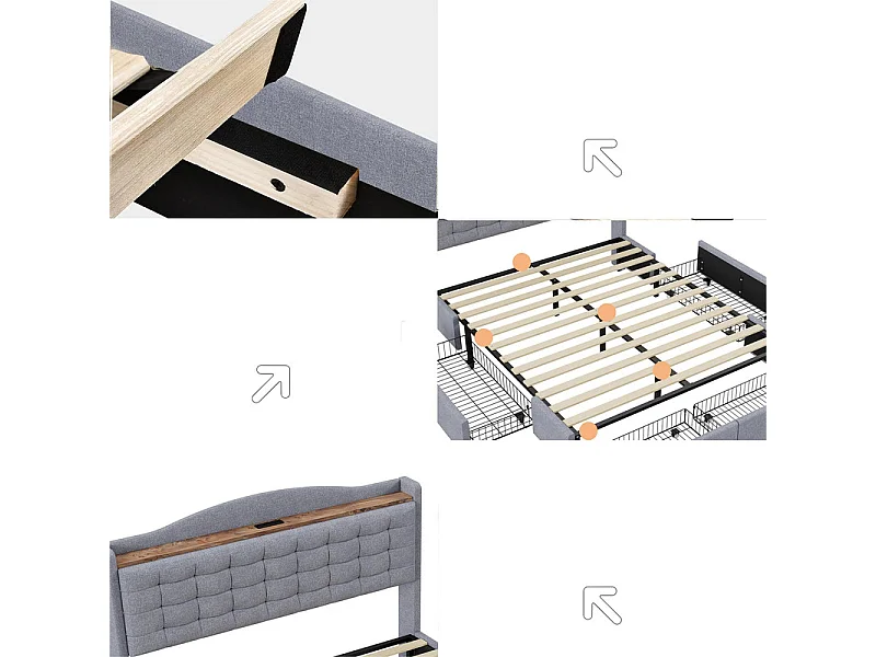 Cama de adulto de lino 160x200 cm - con toma USB y 4 cajones - somier de láminas - Gris claro