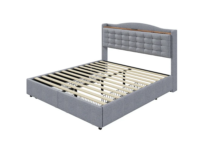 Cama de adulto de lino 160x200 cm - con toma USB y 4 cajones - somier de láminas - Gris claro